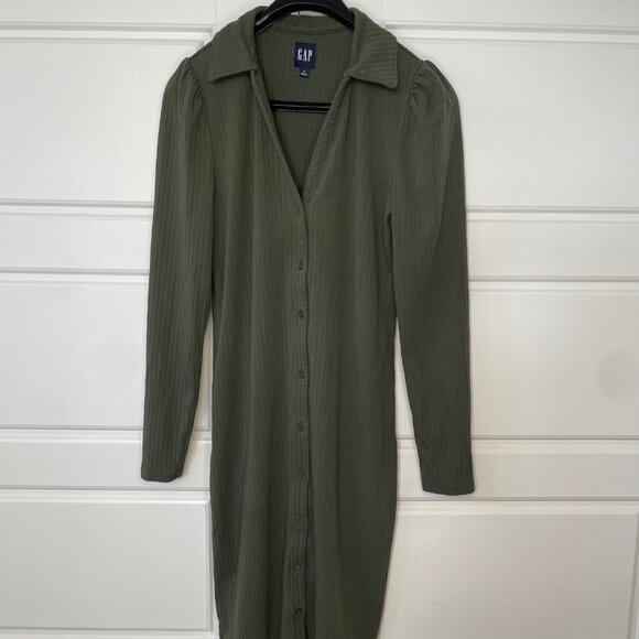 GAP Olive Green Button-Front Shirt Dress | Size Medium - Picture 2 of 7